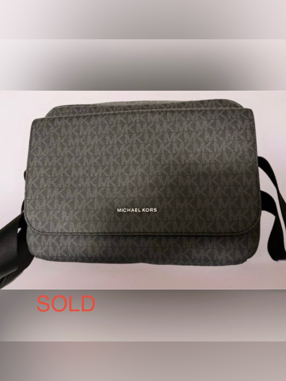 Michael Kors Black Leather Logo Messenger Crossbody Bag.